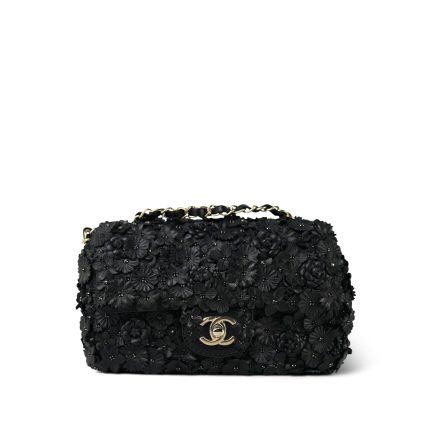 Black Lambskin Floral Satin Mini Rectangular Bag Light Gold Hardware