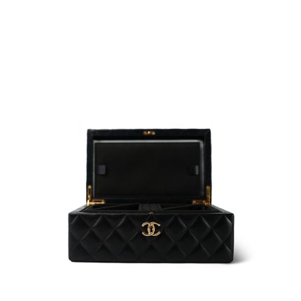 Black Lambskin Quilted Jewelry Box Small Light Gold Hardware