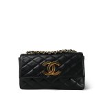 Black Lambskin Quilted Rectangular Push Lock Single Flap Gold Hardware