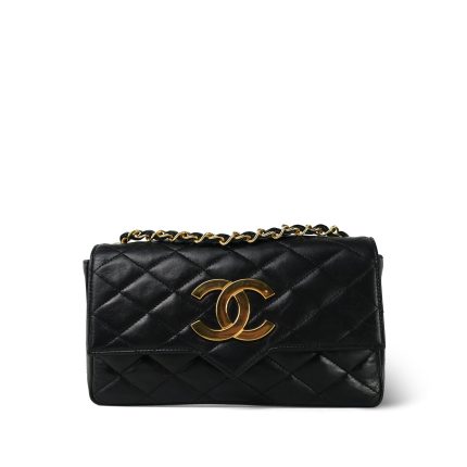 Black Lambskin Quilted Rectangular Push Lock Single Flap Gold Hardware