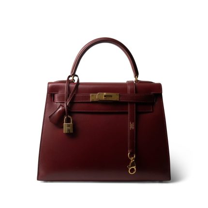 Kelly 28 Rouge Box Calfskin Gold Plated V Stamp