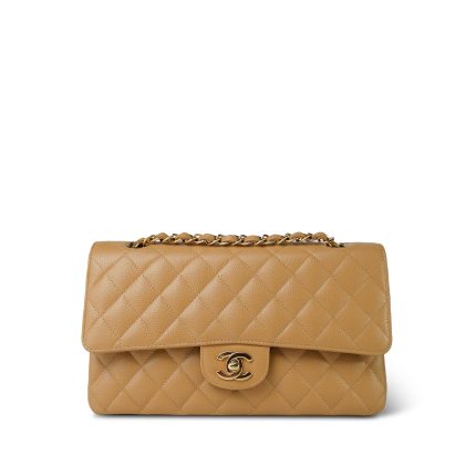Beige Caviar Quilted Classic Flap Medium Light Gold Hardware