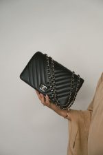 Black Calfskin Chevron Quilted Statement Flap Bag Medium LGHW - Image 2