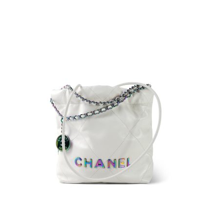 White Calfskin Quilted Mini 22 Bag Rainbow Hardware