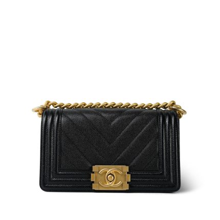 Black Caviar Chevron Quilted Boy Bag Small Aged Gold Hardware
