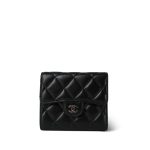 Black Lambskin Quilted Classic Small Flap Wallet Silver Hardware