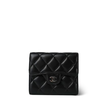 Black Lambskin Quilted Classic Small Flap Wallet Silver Hardware
