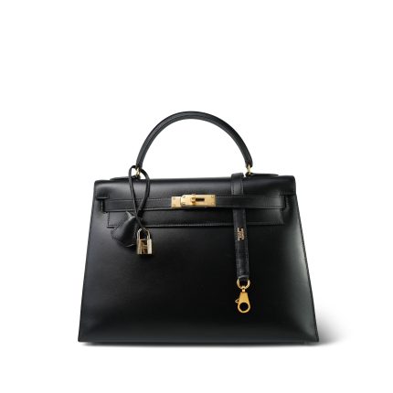 Kelly 32 Black Box Calfskin Gold Plated Y Circle Stamp