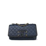 Navy Caviar Quilted CC Filigree Single Flap Bag Medium Aged Gold Hardware