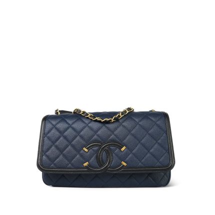 Navy Caviar Quilted CC Filigree Single Flap Bag Medium Aged Gold Hardware
