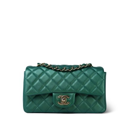 22A Iridescent Green Lambskin Quilted Mini Rectangular Single Flap Light Gold Hardware