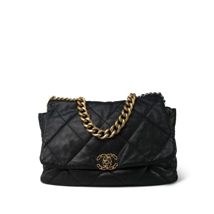 Black Goatskin Quilted 19 Flap Maxi Mixed Hardware