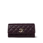 24B Burgundy Caviar Quilted Crystal CC Long Flap Card Holder Light Gold Hardware