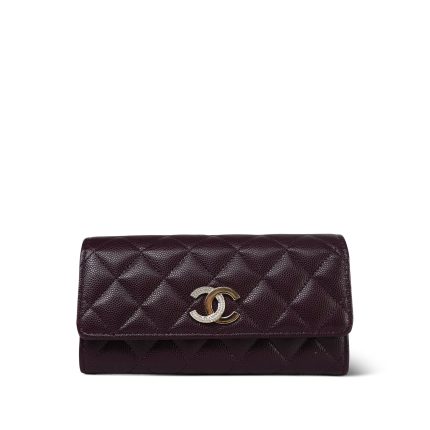 24B Burgundy Caviar Quilted Crystal CC Long Flap Card Holder Light Gold Hardware