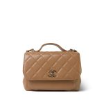 Dark Beige Caviar Quilted Business Affinity Medium Flap Light Gold Hardware