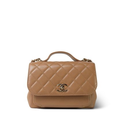 Dark Beige Caviar Quilted Business Affinity Medium Flap Light Gold Hardware