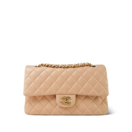Beige Lambskin Quilted Classic Flap Medium Aged Gold Hardware