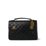 Black Lambskin Quilted Top Handle Double Turnlock Single Flap Gold Hardware