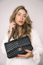 Black Lambskin Chevron Medium Classic Flap Light Gold Hardware - Image 2