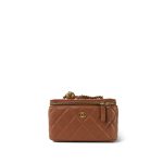 24K Caramel Lambskin Quilted Pearl Crush Vanity Case With Chain Aged Gold Hardware