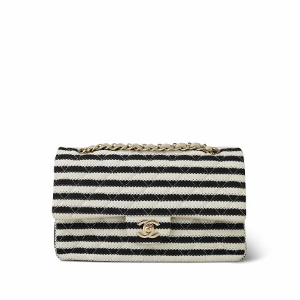 Ivory/Black Striped Coco Sailor Pearl Classic Flap Medium LGHW