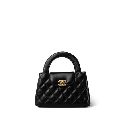Black Shiny Aged Calfskin Quilted Nano Kelly Shopper Aged Gold Hardware