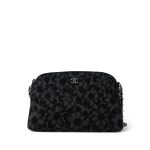 24K Black Floral Denim Quilted Clutch On Chain Silver Hardware