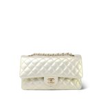 20B Iridescent White Calfskin Quilted Classic Flap Medium Light Gold Hardware