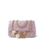 24S Pink Iridescent Lambskin Quilted Pearl Chain Flap Bag Aged Gold Hardware