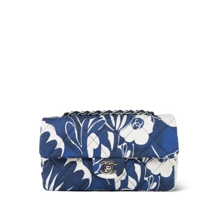 22B Navy/White Floral Printed Silk Single Flap Bag Medium Silver Hardware