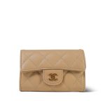 Beige Caviar Quilted Classic Flap Card Holder Gold Hardware