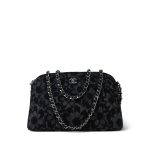24K Black Floral Denim Quilted Clutch On Chain Silver Hardware - Image 2