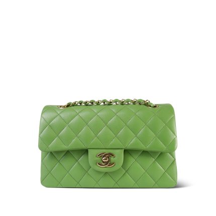Green Caviar Quilted Classic Flap Small Light Gold Hardware