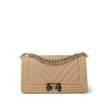 22S Beige Chevron Caviar Quilted Boy Bag Medium Light Gold Hardware