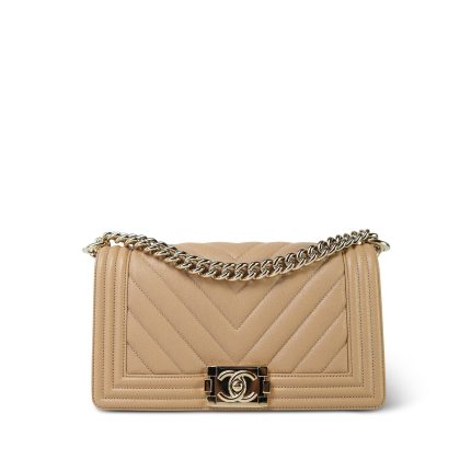22S Beige Chevron Caviar Quilted Boy Bag Medium Light Gold Hardware