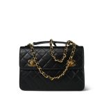 Black Lambskin Quilted Top Handle Double Turnlock Single Flap Gold Hardware - Image 3