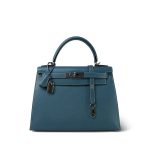 Kelly Sellier 28 Blue Jean Veau Epsom Palladium Plated E Square Stamp