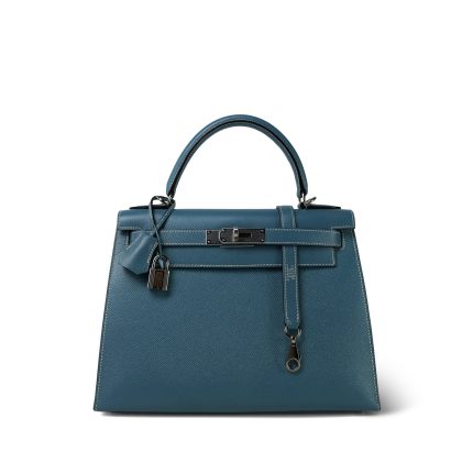 Kelly Sellier 28 Blue Jean Veau Epsom Palladium Plated E Square Stamp