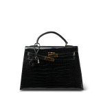 Kelly 32 Black Porosus Crocodile Lisse Gold Plated X Circle Stamp