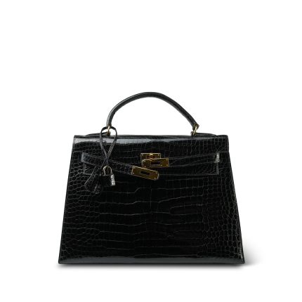 Kelly 32 Black Porosus Crocodile Lisse Gold Plated X Circle Stamp