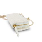 White Tweed Quilted Bow Card Holder On Chain Light Gold Hardware - Image 6