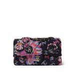 24S Black Multicolor Floral Fabric Quilted Single Flap Medium Light Gold Hardware