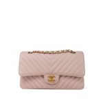 17C Light Pink Calfskin Chevron Quilted Classic Flap Medium Aged Gold Hardware