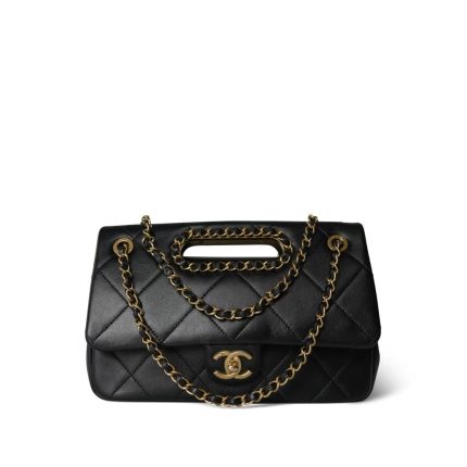 Black Lambskin Quilted A Real Catch Flap Aged Gold Hardware