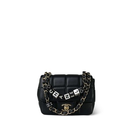 Black Lambskin Quilted Monacoco Mini Square Flap LGHW