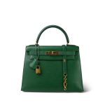 Kelly 28 Vert Bengale Courchevel Gold Plated T Circle Stamp