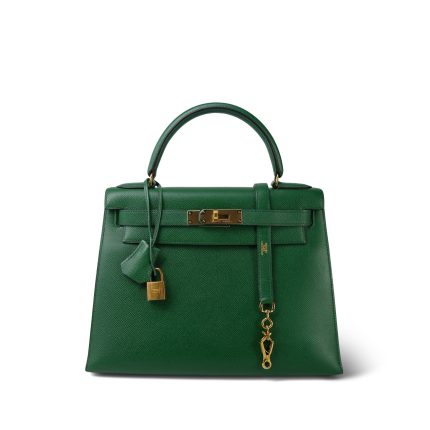 Kelly 28 Vert Bengale Courchevel Gold Plated T Circle Stamp