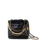 23S Shiny Black Calfskin Quilted Mini 22 Pearl Strap Bag Aged Gold Hardware - Image 14