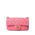 22S Pink Lambskin Quilted Mini Rectangular Pearl Crush Antique Gold Hardware - Image 5
