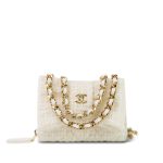 White Tweed Quilted Bow Card Holder On Chain Light Gold Hardware - Image 11